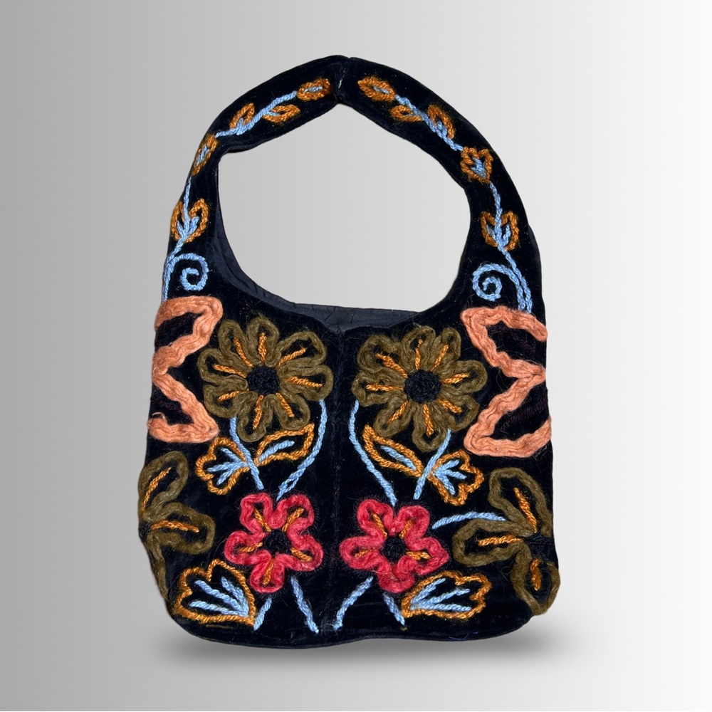 Black Velour Tote/Handbag, Sewn Abstract Colorful Design, Bespoke, Art To Wear
